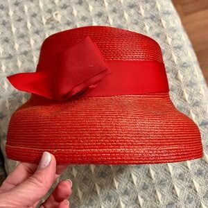 Vintage Red Straw Cloche Hat with Bow Union Made Formal Occasion